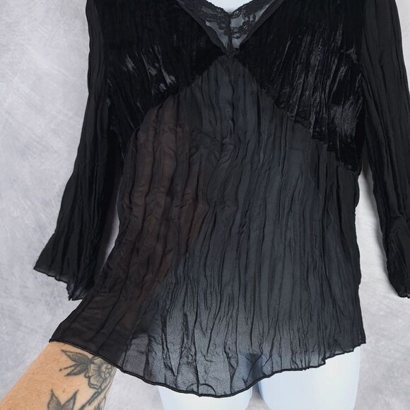 Vintage Velvet Sheer Top Womens Large Black Lace V Neck Dark Fairy Whimsy Goth - Picture 7 of 16